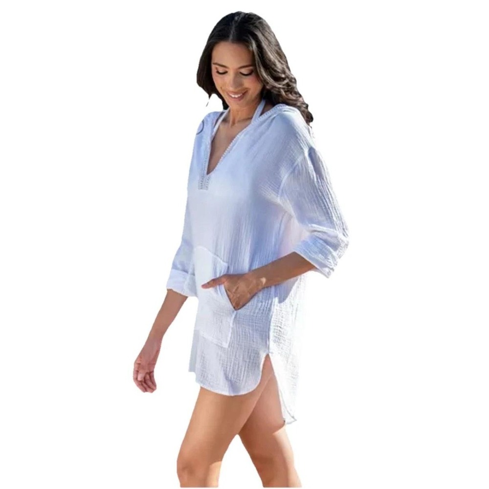 La Blanca Swimsuit Coverup Dress White With Hood‎ Front Pocket Size Medium